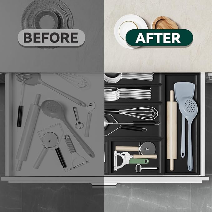 Bamboo Drawer Organizer, Cutlery Silverware Organizer for Kitchen Drawer, Stackable Utensil Organizer, 2 Pcs Flatware Organizer, Wooden Storage Box Tray (Black, 9 X 6 X 2 Inch)