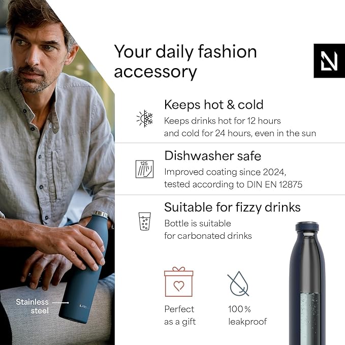 LARS NYSØM Stainless Steel Insulated Water Bottle 12oz 17oz 25oz 34oz 51oz | Insulated Thermo Flask for Hot and Cold Beverages | Leakproof Drinking Bottle (Midnight Blue, 33.9 oz)