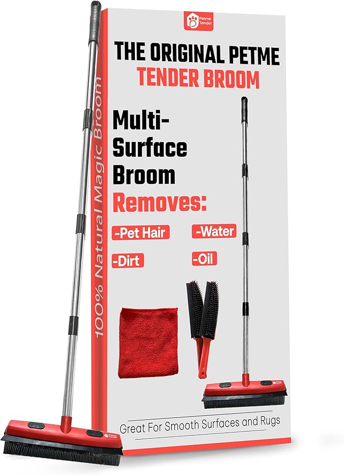 Hybrid Dog Pet Hair Removal Broom with Squeegee – Adjustable Handle Rubber Broom for Pet Hair on Carpet, Hardwood Floors, Tile, & Liquid-Dirt with 2 Portable Hair Brushes & Cloth