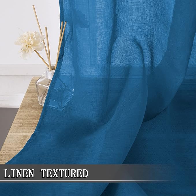 Tollpiz Sheer Tier Curtains Kitchen Linen Textured Half Curtain Sheers Light Filtering Rod Pocket Voile Bathroom Short Curtains for Farmhouse, 25 x 30 inches Long, Classic Blue, Set of 2 Panels