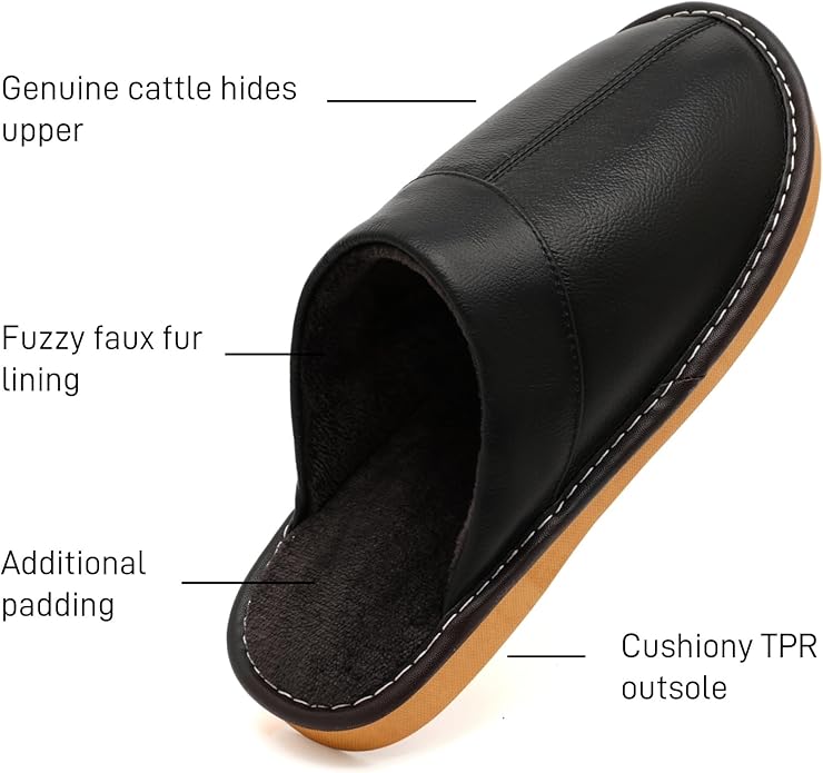 Slippers for Women Men, Genuine Leather Slippers Indoor Outdoor, Fuzzy Bedroom House Shoes for Women Men, Plush Lining Womens Sandals Slip-on