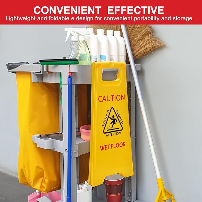 MATTHEW CLEANING 25'' Industrial Wet Floor Sign 12 Pack 2-Sided Safety A-Frame Birght Yellow Multilingual Warning Signs Commercial Caution Wet Fold-out Floor Signs For Indoors and Outdoors