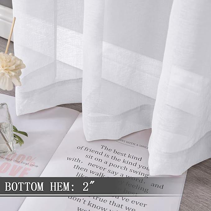 Tollpiz Sheer Curtains Linen Textured Bedroom Curtain Sheers Light Filtering Rod Pocket Voile Curtains for Living Room, 54 x 84 inches Long, White, Set of 2 Panels