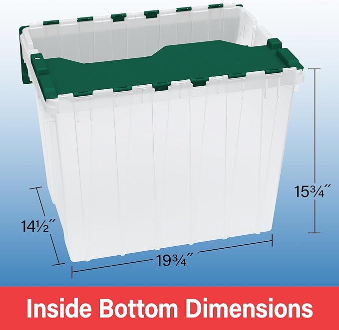 Akro-Mils KeepBox 18 Gallon Storage Container, Nesting and Stackable Plastic Storage Box with Lid Attached, Clear Tote for Garages, Closets, and Moving, 21" x 15" x 17", Clear/Green