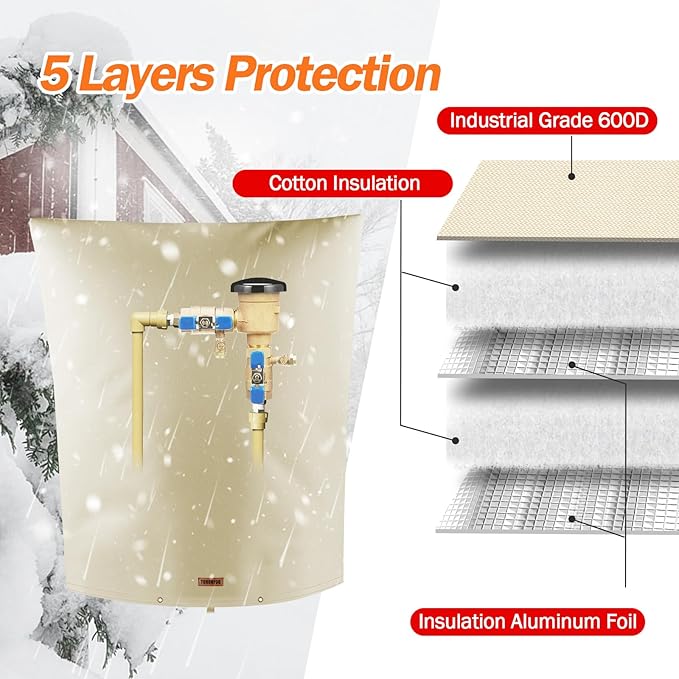 TOHONFOO Backflow Preventer Pipe Insulation Cover (5°F) - Irrigation Sprinkler Valve Insulated Pouch - Water Well Pump Cover - Sturdy 5 Layers for Winter Freeze Protection, 28" W x 36" H, Beige
