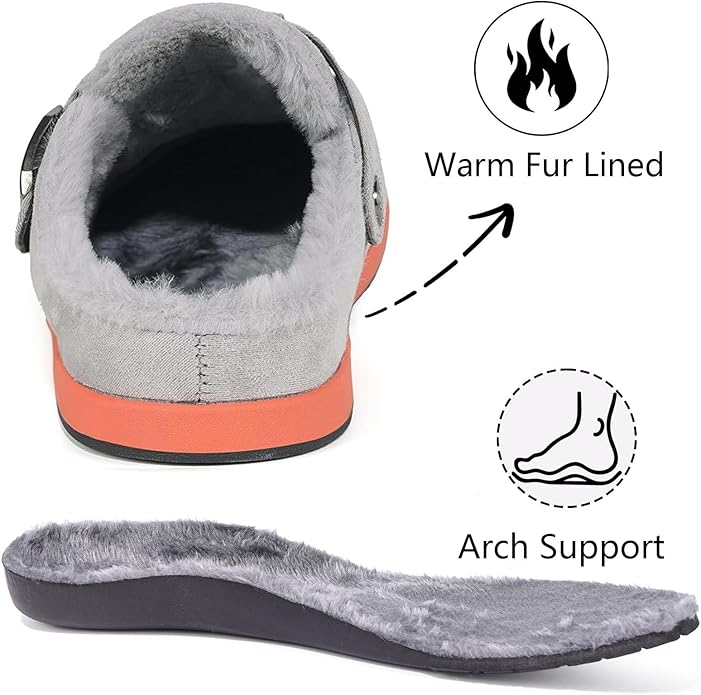 Fur Lined Clogs for Women Men Suede Winter Slippers Arch Support Slip on Mules Potato Shoes with Removable Cushion Footbed Warm Home House Shoes