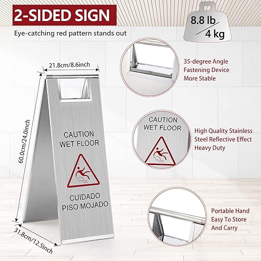 Kigley 2 Pcs Wet Floor Sign, 24 Inch Stainless Steel Caution Wet Floor Sign Double Sided Portable Foldable Bilingual Safety Warning for Hotel Market Restroom Restaurant Office (Silver)
