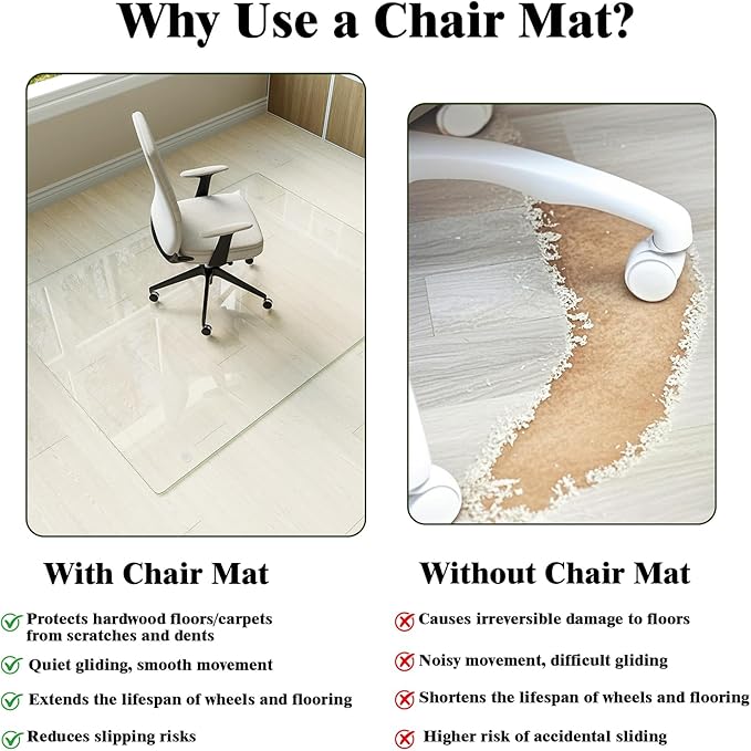 Koonmi Tempered Glass Chair Mat for Hardwood Floors & Carpets, 48" x 80“ Transparent Heavy Duty Office Floor Protector with Noise-Free Gliding Shatterproof for Home Office Desk