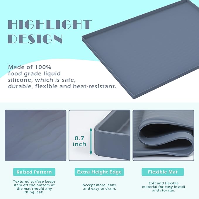 URMONA Waterproof Silicone Under Sink Mat 34'' x 19'' Shelf Liner for Kitchen and Bathroom, Cabinet and Counter Protector, Storage and Organizers, Litter Mat, Pet Cat Puppy Essentials(Light Grey)