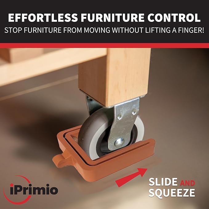 iPrimio No Lift Wheel Stoppers for Rolling Furniture - Bed and Furniture Stopper - Requires No Lifting of Bed - Keeps Bed and Furniture from Sliding Bed Caster Stopper - Solid Rubber (4 Pack, Brown)