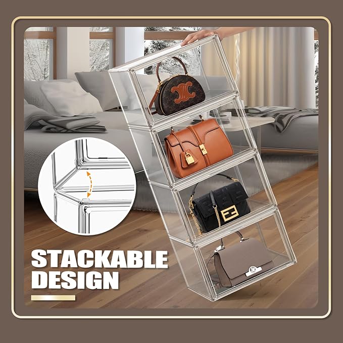 10 Pcs Clear Purse Storage Boxes, Plastic Shoe Boxes Stackable Acrylic Display Case Shoe Organizer with Magnetic Lid, Acrylic Display Box for Collectibles,Purse Organizer,Handbag,Shoes Size 14