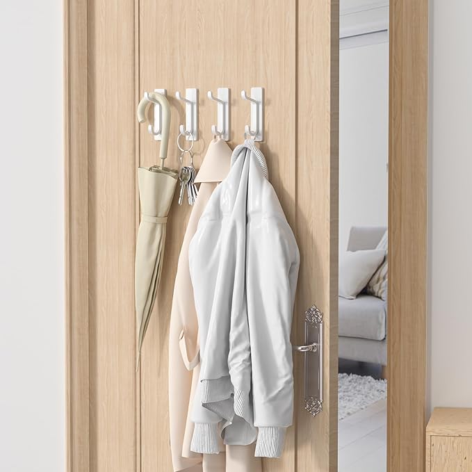 Wall Hooks for Coat and Towel: 13LB Adhesive Door Hanger Stick on, White 4 Pack