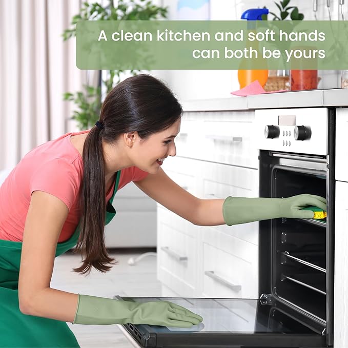 Rubber Cleaning Gloves for Dishwashing, 4 Pairs Reusable Kitchen Gloves for Washing Dishes and Household Cleaning, Green Dish Gloves with Flocked Lining and Non-Slip Grip, Pefect for Woman Men - L