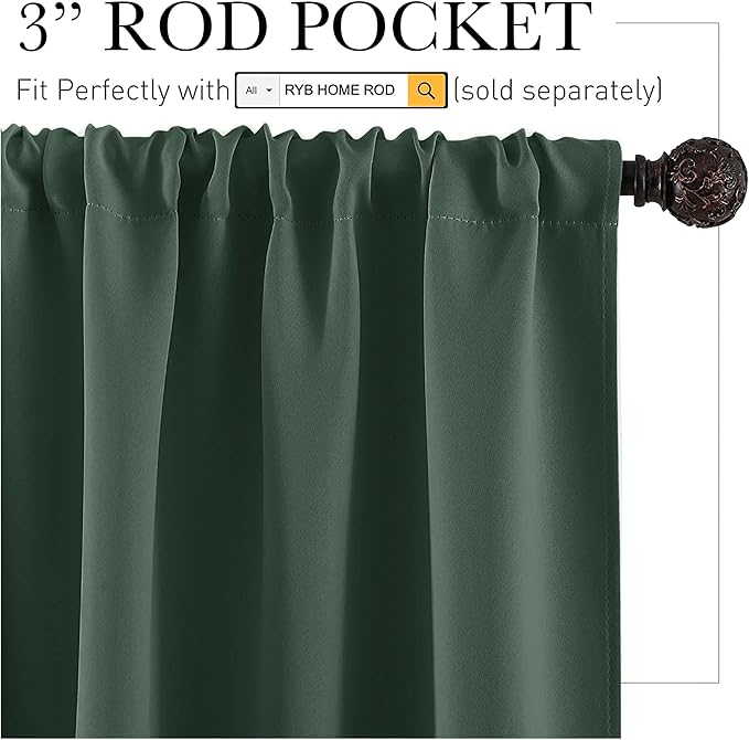 RYB HOME Dorm Curtains Room Darkening, 45 inch Length Privacy Window Treatment Thermal Insulated Covers for Shortage Room Studio Nursery, W29 x L45 inch, 2 Panels, Dark Green