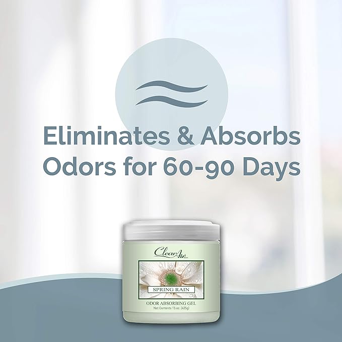 Clear Air Odor Absorber Gel - 15 oz, Pack of 2 - Air Freshener Absorbs and Eliminates Odors in Bathrooms, Cars, Boats, RVs and Pet Areas - Made with Essential Oils - Spring Rain Scent