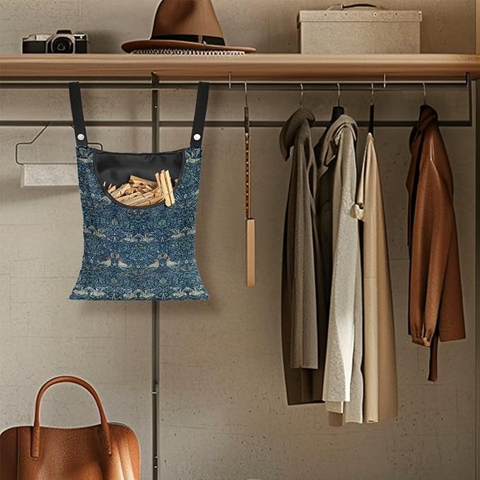William Morris Bird Print Ultimate Clothespin Storage System 14.5"x12" - Features Oversized Opening & Extended 5.5" Hanging Strap - Polyester Construction for Outdoor Use Decor