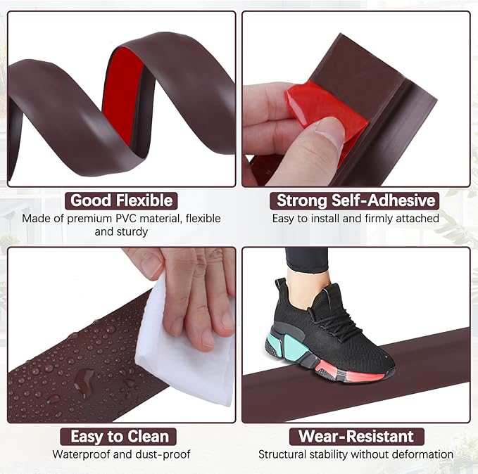 Vinyl Door Threshold Flooring Transition Strip Self Adhesive Carpet Edging Strip for Laminate Doorway Edge Threshold from 2/5" to 3/5" (Coffee, 6.6 Ft)
