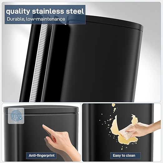 Arlopu 8 Gallon Step Trash Can, Stainless Steel Garbage Bin, Soft-Close Rubbish Bin with Removable Plastic Inner Bucket, Fingerprint-Proof, Lid Dustbin, Suit for Kitchen Home (Black, 30L)