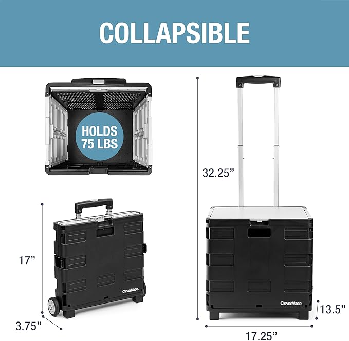 CleverMade Collapsible Wheeled Crate with Lid, 2-Wheels – Stable Rolling Crate with Handle and Large Wheels for Fragile Items, Heavy Loads and Easy Storage - 35L and 75lb Capacity, Black/Cream