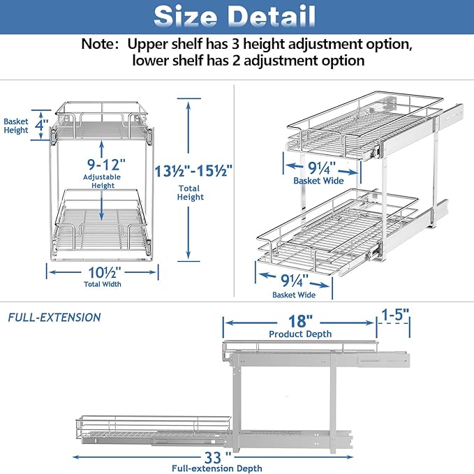 2 Tier Individual Pull Out Cabinet Organizer 10½" W x 18" D, Heavy Duty Cabinet Pull Out Shelves, Slide Out Drawers Organization for Kitchen Cabinets Bathroom