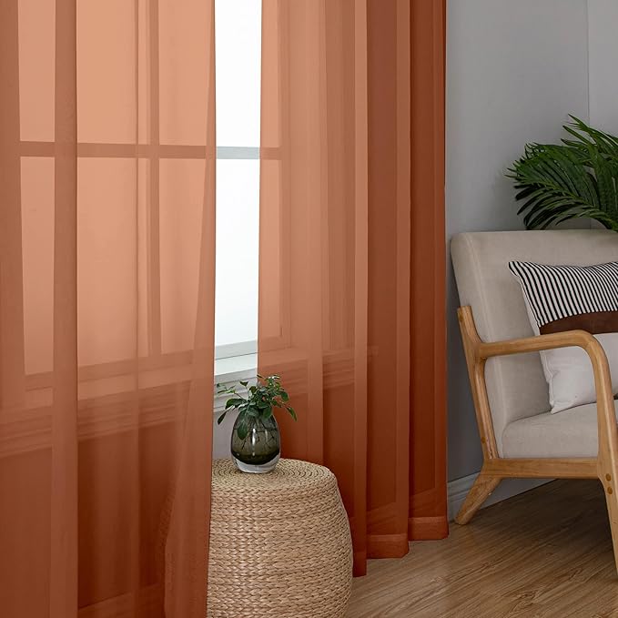 Chyhomenyc Orange Sheer Curtains 63 Inch Length 2 Panels, Light Filtering Airy Rod Pocket Window Curtain Treatment Drapes for Bedroom Living, Each 42Wx63L Inches