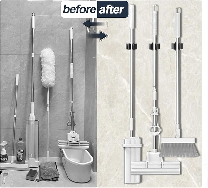 3-H Stainless Steel Broom Holder Wall Mount 50-Pack- Heavy Duty Mop Organizer, Wall Mounted Broom Storage with Secure Mounting for Kitchen Laundry Garage Bathroom (Space Saving)