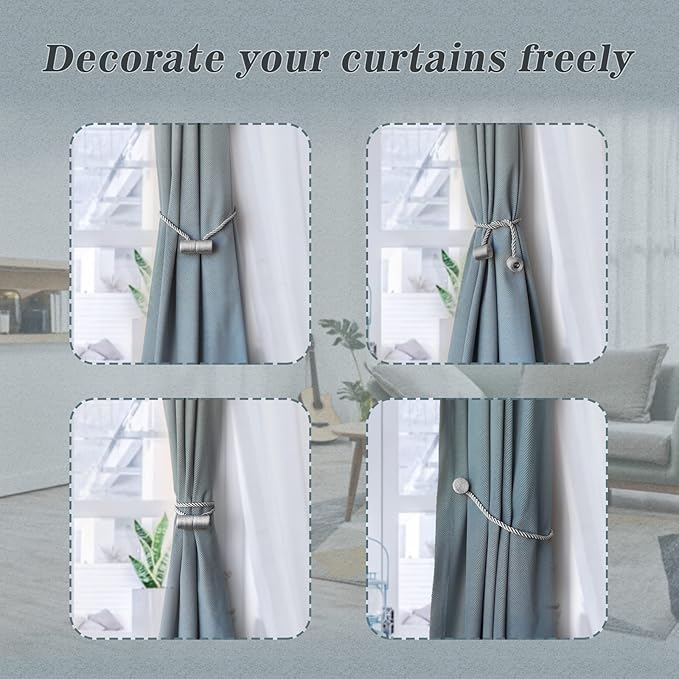 Hion Magnetic Curtain Tiebacks Gray Blue 6 Pack, Curtain Tiebacks Buckles Holdbacks Holders Hooks Clip for Home Bedroom Office Decorative Thick or Thin Curtain