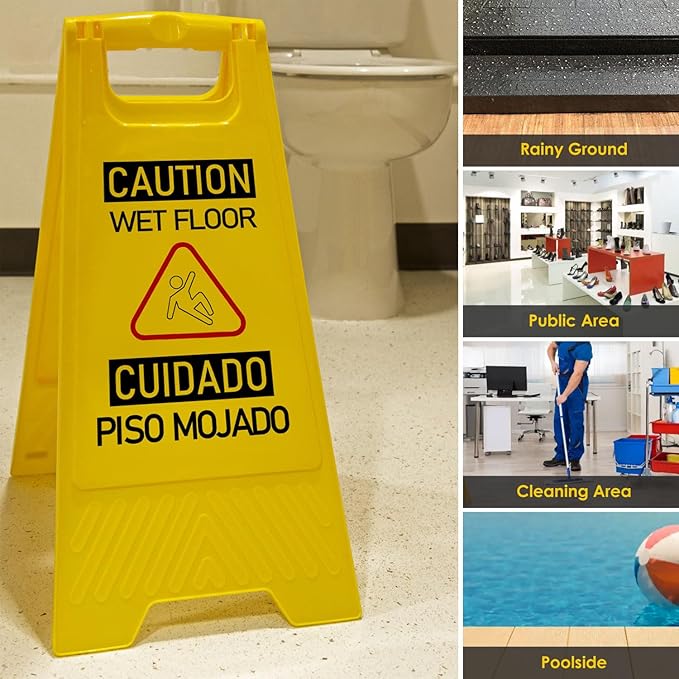 12-Pack Bilingual Caution Wet Floor Signs, A-Frame Double-Sided Warning Signs for Indoor & Outdoor Commercial Use, Foldable & Sturdy for Kitchen, Pool, Hotel and Workplace Safety