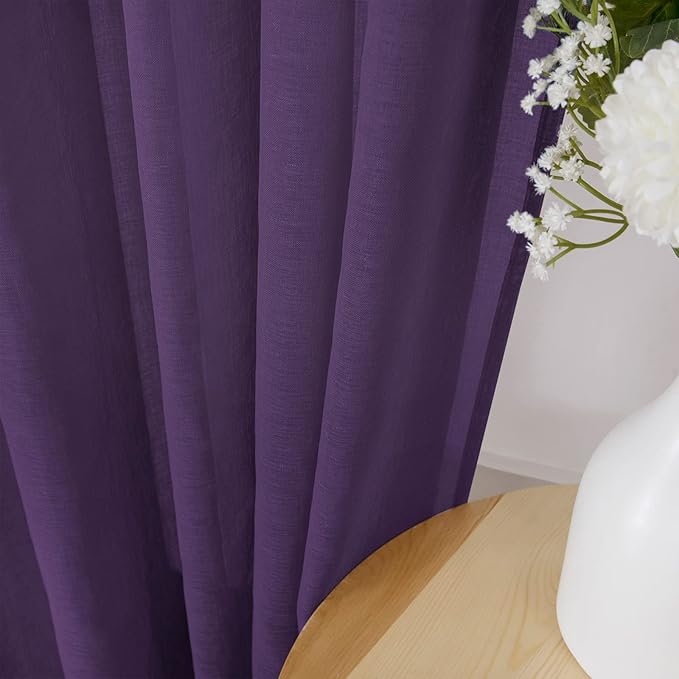 Tollpiz Short Sheer Curtains Linen Textured Living Room Curtain Sheers Light Filtering Rod Pocket Voile Curtains for Bedroom, 42 x 45 inches Long, Royal Purple, Set of 2 Panels