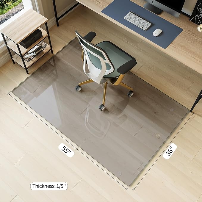 Koonmi Tempered Glass Chair Mat for Hardwood Floors & Carpets, 36" x 55“ Grey Heavy Duty Office Floor Protector with Noise-Free Gliding Shatterproof for Home Office Desk