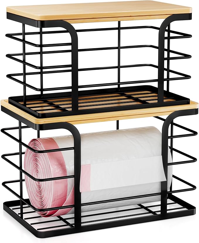 2 Pack Stackable Storage for Kitchen Laundry Pantry Organizers,Trash Bag Holder with Bamboo Top,Wall Mount Garbage Bag Dispenser,Black Large and Small