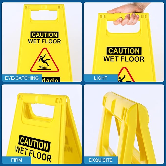6-Pack Caution Wet Floor Sign,17.5" Height,Bright Yellow Double-Sided Folding A-Shaped Frame Design, Bilingual Caution Message