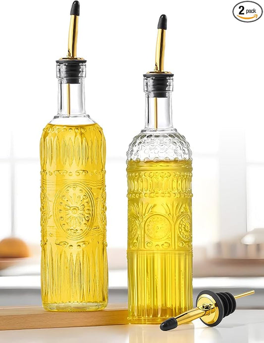 2 Pcs Olive Oil Dispenser Bottle for Kitchen,17oz Clear Glass Cooking Oil and Vinegar Dispenser Set, Coffee Syrup Dispenser with 2 Pourers and 1 Funnel (Two circles)