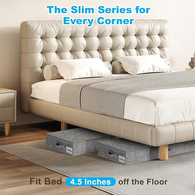 Under Bed Storage Container Bin 4 Pack, 4.5 Inch Slim Low Profile Underbed Clothes Storage Organizer for Dorm & Home, Use for Blanket and Toy Storage Box W/ Sturdy Bottom/Sides, Foldable Thick Fabric