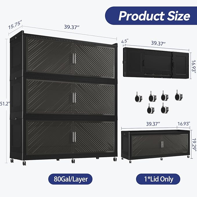 240GAL Extra Large Storage Bins with Lid, 960QT Collapsible Organizer with Wheels, Stackable Closet Cabinet with Doors, Folding Storage Containers for Home, Office, Dorm, 3Pack Black