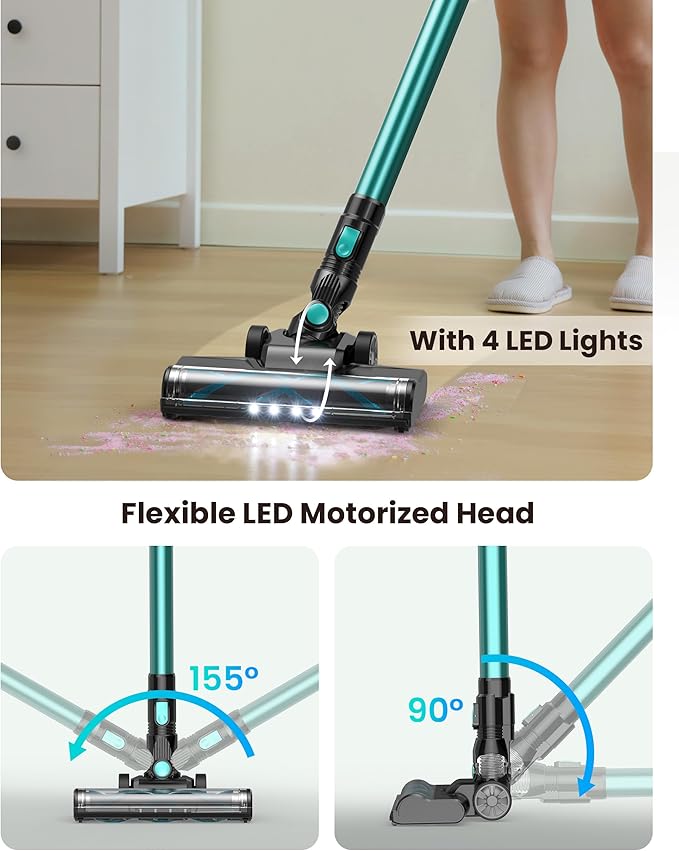 N3T Cordless Vacuum Cleaner,Wireless Stick Vacuum with 40mins Runtime,Self-Standing,Anti-Tangle Brush,Rechargeable Lightweight Vacuum Cleaner for Home,Hardwood Floor,Pet Hair, Carpet-Green
