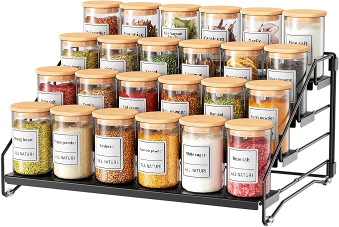 RCHYFEED Spice Rack Organizer for Cabinet Pantry,4 Tier Spice Rack Countertop, Depth Adjustable Spice Organization for Cabinet,Tierd Seasoning Organizer for Cabinet(Black, 1Pack)