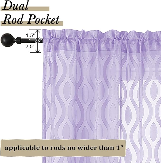 Aiyufeng Lavender Sheer Curtains Tiers 36 Inch Length, Light Filtering Soft Airy Wavy Line Jacquard Textured Short Curtain for Bedroom Bathroom Basement, Dual Rod Pocket, 2 Panels, 40" Wx36 L Inch