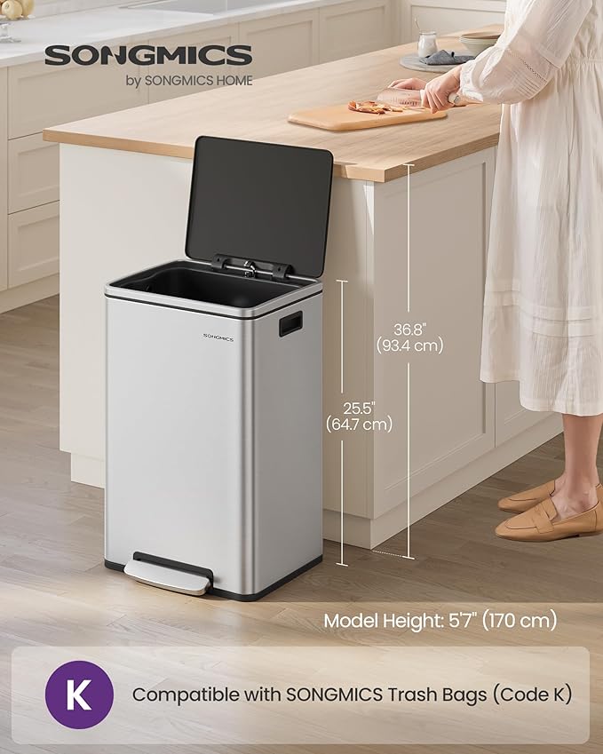SONGMICS Trash Can, 13-Gallon Gabbage Can, with 15 Trash Bags, Stainless Steel, with Soft-Close Lid, Removable Inner Bucket, Handles, Silver ULTB595E01