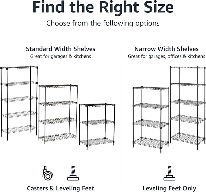 Amazon Basics 4-Shelf Steel Wire Storage Rack, Adjustable, Sturdy, Easy Assembly, 13.4 D x 23.2 W x 48 H in, Black