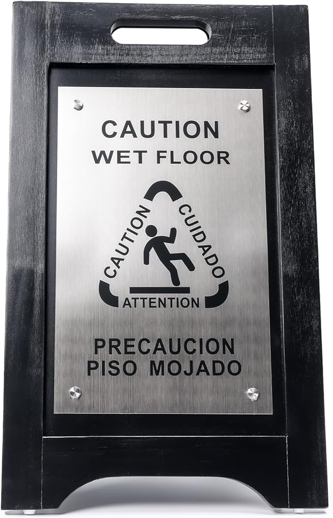 Premium Wooden Caution Wet Floor Sign – Bilingual w/ Non-Skid Plastic Feet – For Hotels, Schools, Offices, Areas, Restrooms, Pool Decks & Shops - Black Wood/Brushed Nickel Plate