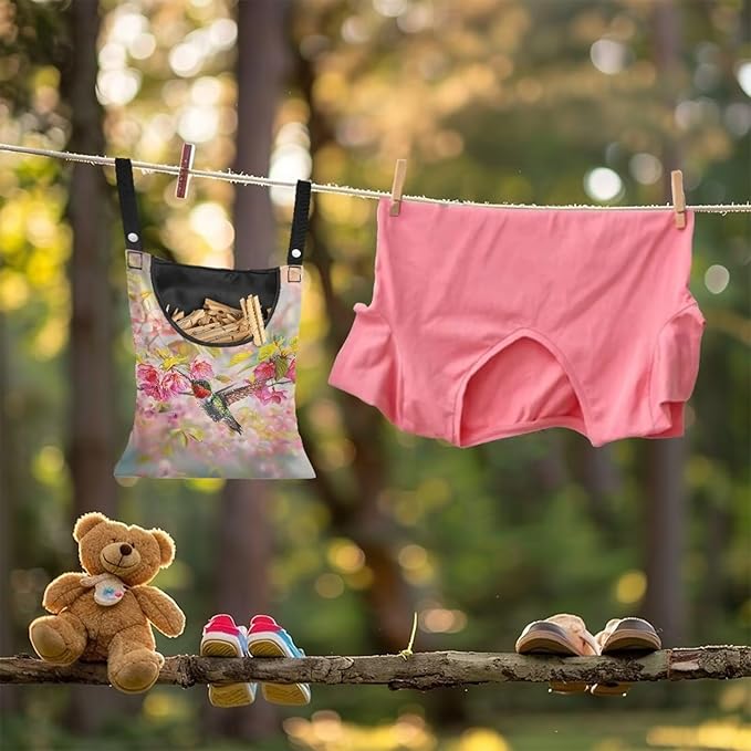 Hummingbird Clothespin Bag with Hanging Rope Cherry Blossom 14.5 x 12 Inch Summer Waterproof Laundry Clothes Pin Holder Clothespin Storage Organizer with Large Opening