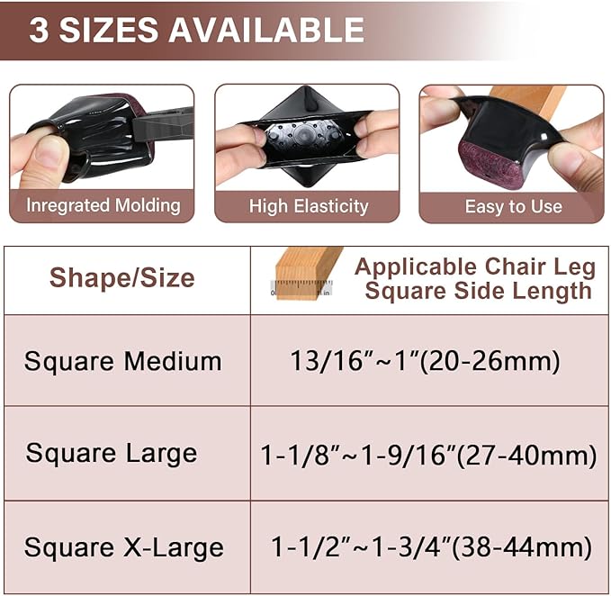 Chair Leg Floor Protectors Square Chair Leg Protectors for Hardwood Floors Silicone Caps Felt Strengthen Bottom Protection Anti-Scratch Reduce Noise 32 Pack Black Square M Fit:13/16" to 1" (20-26mm)
