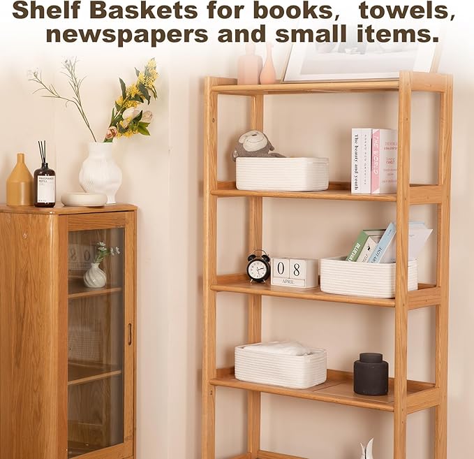 3 Pack Small Storage Baskets for Organizing, Cute Woven Decorative Gift Baskets for Shelves, Mini Closet Organizer Bins with Handles, 11.81''Lx7.87''Wx4.72''H-White