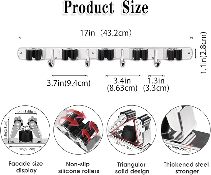 AceMining 5 Racks and 4 Hooks Mop and Broom Holder Wall Mount, Broom Organizer Storage Tool Racks Stainless Steel Heavy Duty Hooks Self Adhesive Solid Non-slip for Home Kitchen Garden Laundry Garage