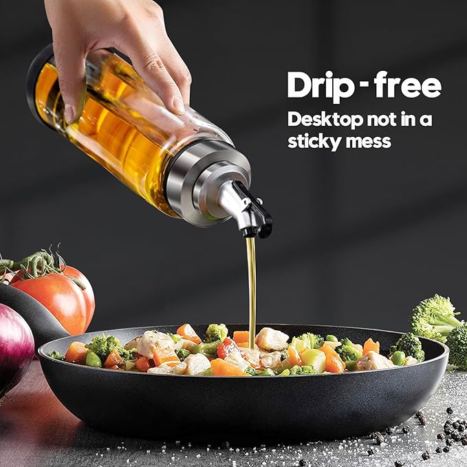Glass Olive Oil Dispenser Bottle with Leakproof Pourer Spout and Shatterproof Rubber Bottom, Cooking Oil Dispenser Bottle for Kitchen 17 oz Heat Resistant Olive Oil Bottle