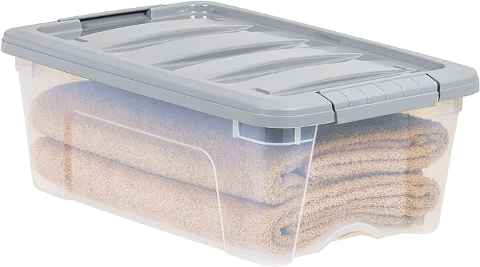 Amazon Basics Plastic Storage Containers with Secure Latching Lids, Stackable Organization Bins, Clear/Grey, 12 Quart, Set of 6