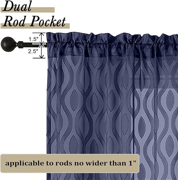 Aiyufeng Navy Curtains 45 Inch Length 2 Panels Set, Farmhouse Soft Airy Lightweight Clip Jacquard Textured Curtains, Chic Wavy Line Window Curtains for Bedroom Living Room, 40" Wx45 L Inches