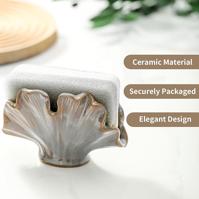 Ceramic Sponge Holder,Sponge Holder for Kitchen Sink,Compact Sink Caddy Organizer-Scouring Pad and Dish Holder,Farmhouse Kitchen Decor Cute Gadgets Accessories(Brown Grey)