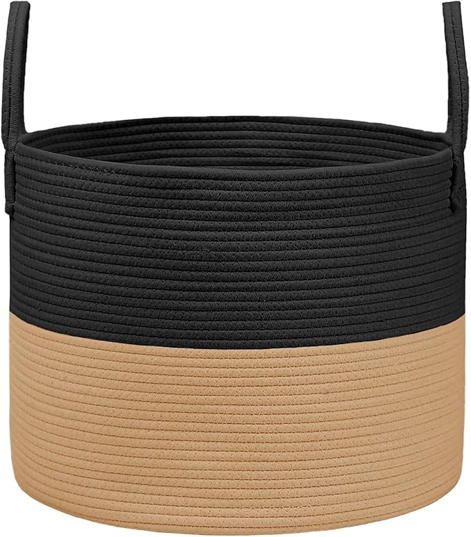 Woven Blanket Basket,65L Large Rope Storage Bin with Handles, Organizer for Blankets Toys Book and Clothes, Laundry Basket for Living Room Bedroom Nursery,Black&Jute